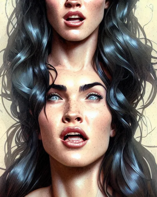 Image similar to portrait of megan fox laughing, intricate, headshot, highly detailed, digital painting, artstation, concept art, sharp focus, cinematic lighting, illustration, art by artgerm and greg rutkowski, alphonse mucha, cgsociety