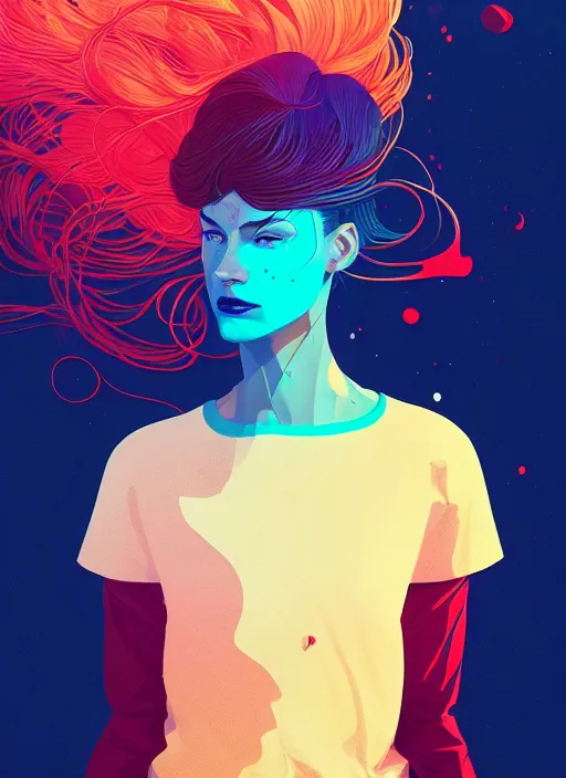 Prompt: portrait of a beautiful nordic woman wearing t - shirt, artstation winner by victo ngai, kilian eng and by jake parker, by conrad roset, swirly vibrant color lines, winning award masterpiece, fantastically gaudy, aesthetic octane render, 8 k hd resolution