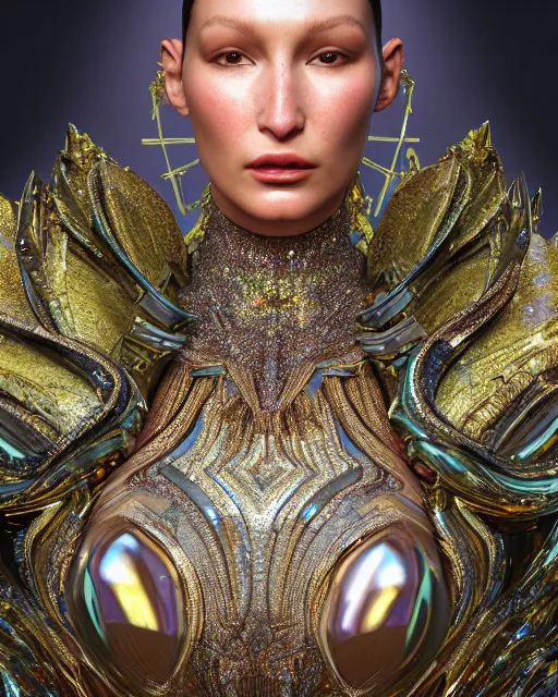 Image similar to a highly detailed metahuman 8 k close up render of bella hadid as surrealism renaissance in iris van herpen dress schiaparelli in diamonds crystals swarovski and jewelry iridescent in style of alphonse mucha gustav klimt trending on artstation made in unreal engine 4