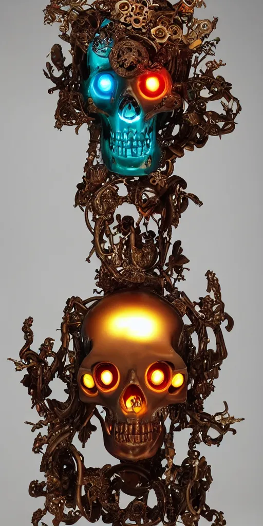 Prompt: a young handsome Spanish metal and porcelain android with a large glowing red lit gem in the center of his chest, full-body bronze cyberpunk style statue of Icarus with glowing p eyes, crown of mechanical peach roses, flowing teal-colored silk, fabric, steampunk flowers. baroque elements, human skull. full-length view. baroque element. intricate artwork by caravaggio. many flying horses on background. Trending on artstation, octane render, cinematic lighting from the right, hyper realism, octane render, 8k, depth of field, 3D