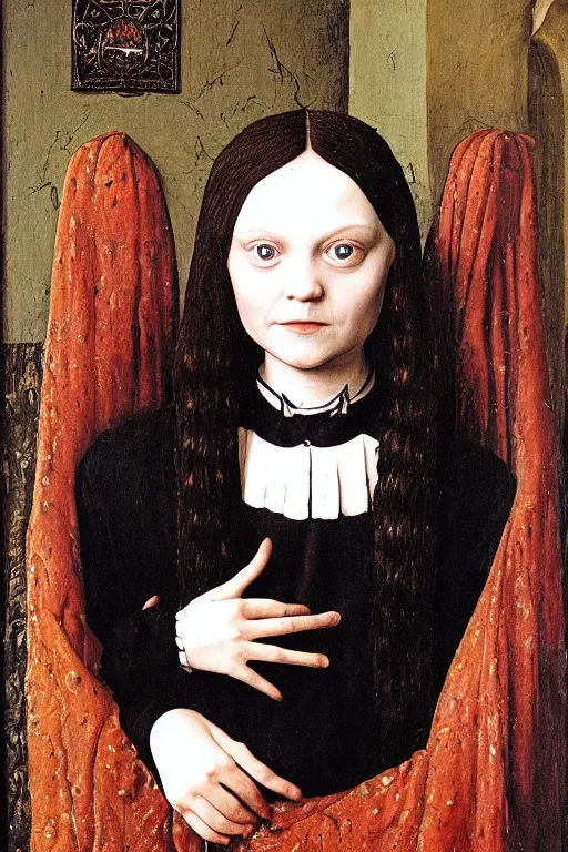 Image similar to portrait of wednesday addams, oil painting by jan van eyck, northern renaissance art, oil on canvas, wet - on - wet technique, realistic, expressive emotions, intricate textures, illusionistic detail