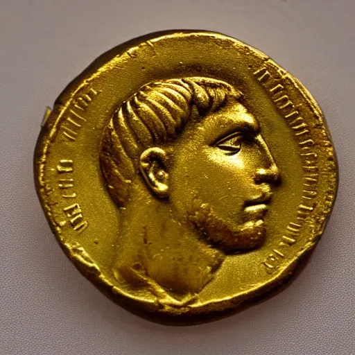 Prompt: an ancient roman gold coin with the face of the singer drake, close up photo, ultra realistic, studio photo, bokeh.