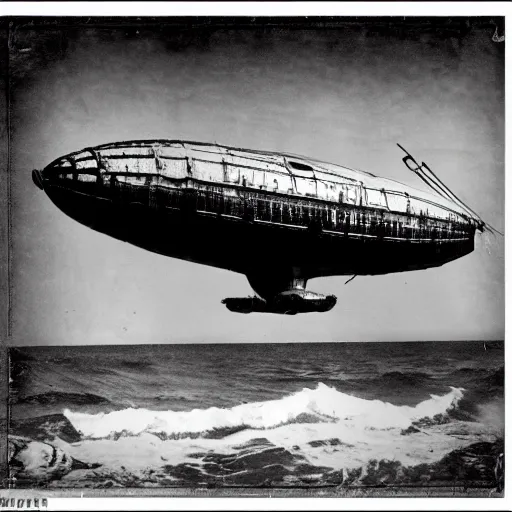 Image similar to Black and White photo of steampunk airship flying across the Atlantic Ocean