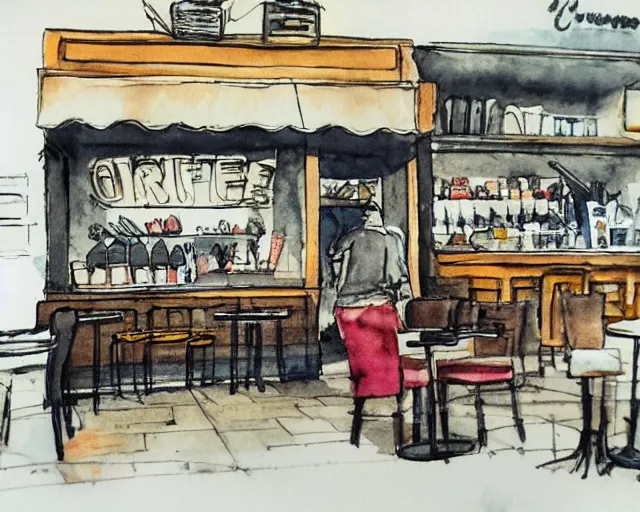 Prompt: a coffee shop smooth watercolor ink pen