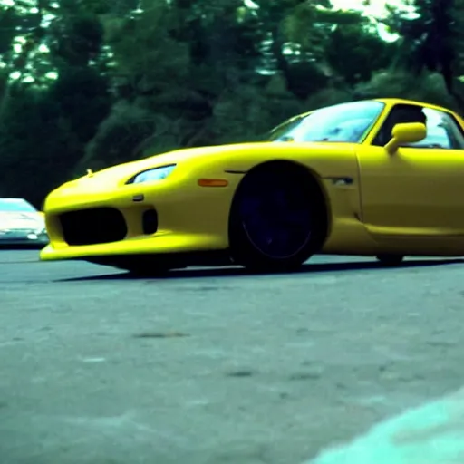 Image similar to yellow RX-7 in film Drive (2012) screen cap ryan gosling driver wide angle 22mm lens cinematic shot