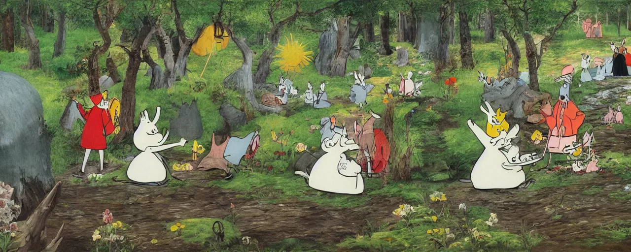 Prompt: the moomins in moominvalley, bosch painting, very detailed!, high quality, 4 k