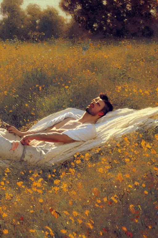 Image similar to attractive man relaxing in flower field, painting by gaston bussiere, craig mullins