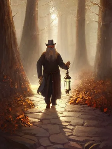 Image similar to a sad old master, full white beard, walking with a lantern and a staff tought the woods. intricate, elegant, highly detailed, digital painting, artstation, concept art, sharp focus, illustration, by justin gerard and artgerm, 8 k