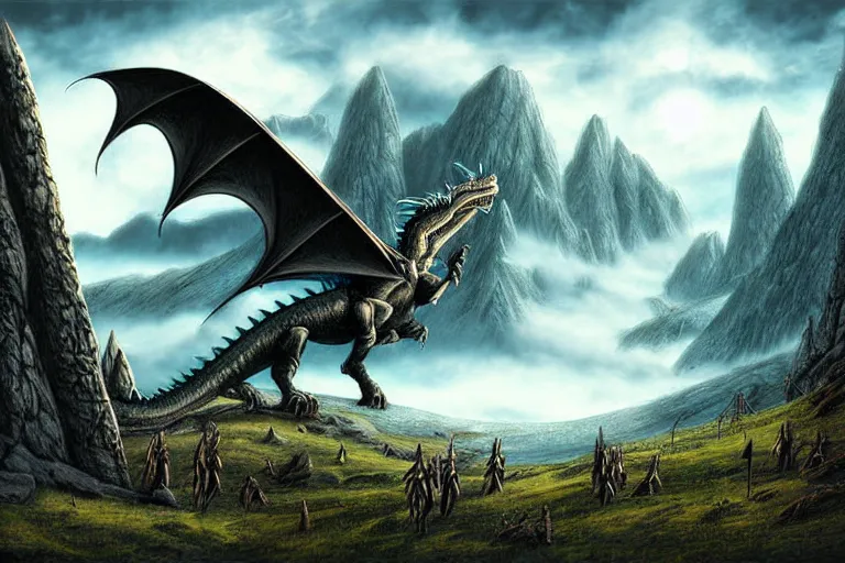 Prompt: ultra realistic illustration, epic high fantasy landscape. dragonlance graphic art print by erol otus