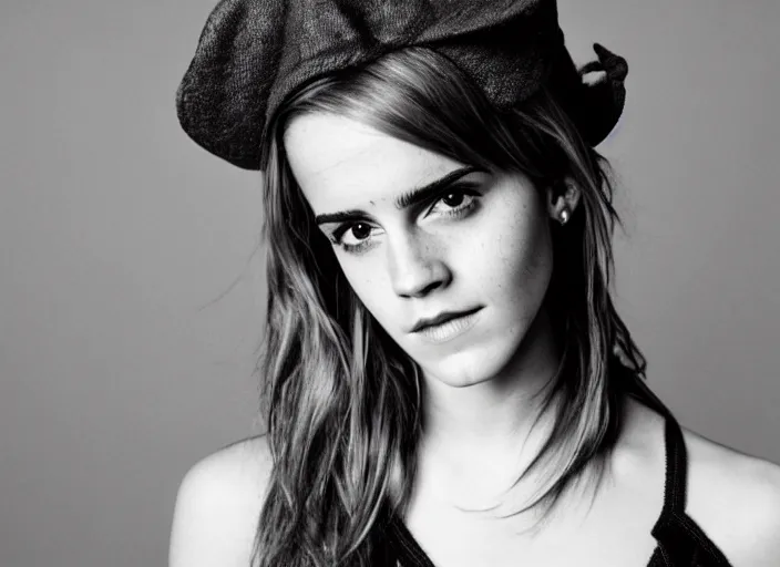 Image similar to photo portrait of emma watson with a funny hat, serious face, black and white, beautiful