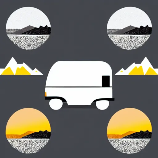 Image similar to very very very minimal vector graphic of a white and black thor chateau motorhome, color highway, mountains and sunset!!, all enclosed in a circle, white background, dramatic, professional minimal graphic design cartoon, award winning