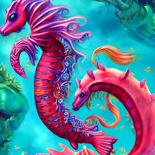 Prompt: merfolk riding seahorses, trending on artstation, colorful, intricate, art by aurore folny and ekaterina burmak