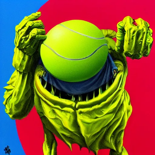 Image similar to a tennis ball monster alien, digital art, fantasy, magic, chalk, trending on artstation, ultra detailed, professional illustration by basil gogos