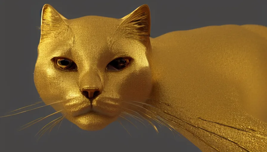 Image similar to Gold shiny cat with black eyes, volumetric light, hyperdetailed, artstation, cgsociety, 8k