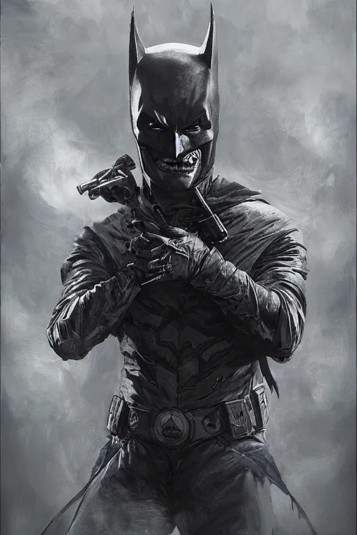 Image similar to Portrait of Robert Pattinson as The Batman Who Laughs, dc comics, dark, intricate, highly detailed, smooth, artstation, digital illustration by Ruan Jia and Mandy Jurgens and Artgerm and Wayne Barlowe and Greg Rutkowski and Zdislav Beksinski