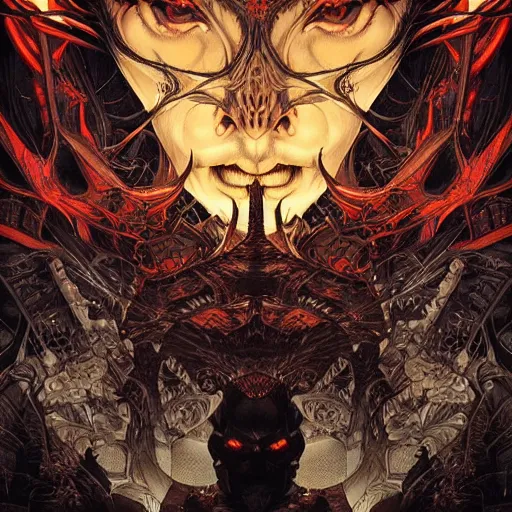 Image similar to 😈👹, symmetrical, dynamic lighting, darker intense, detailed, by bambang nurdianshyah, garis edelweiss, roby dwi antono and dan mumford, ayami kojima, takato yamamoto, barclay shaw, karol bak, yukito kishiro, norman rockwell