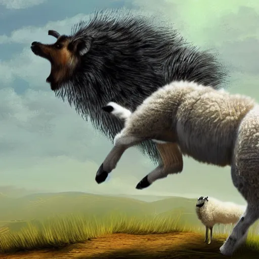 Prompt: A Wolf jumping over a sheep, digital art