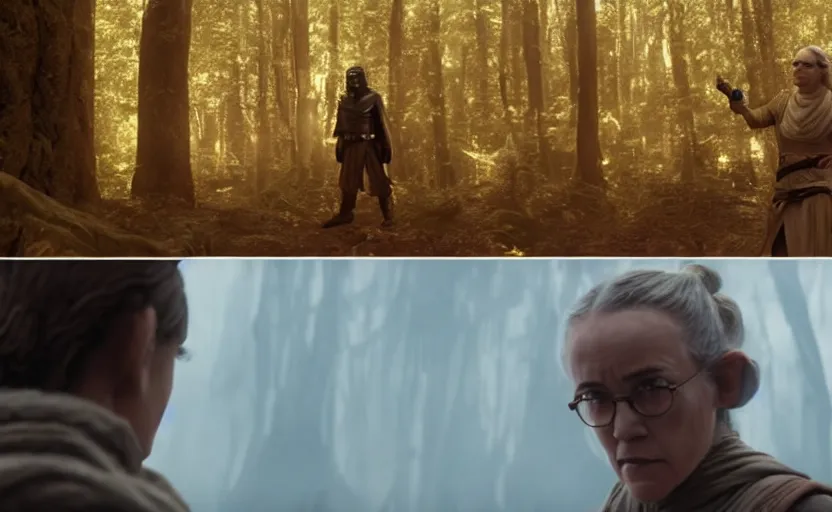 Prompt: cinematic still image screenshot portrait of luke skywalker in yellow cape / talking to maz kanata from the force awakens / ahsoka tano is listening / diplomatic, dramatic scene from force awakens crisp 4 k 7 0 mm imax, moody iconic scene, directed by jj abrams, beautiful glowing backlit, forest pink fog planet