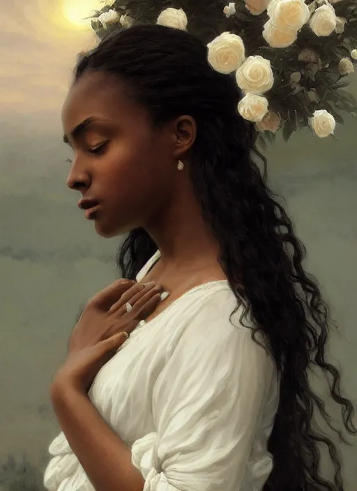 Prompt: oil painting close up portrait of a contemplative young black woman with long dark flowing hair in a white dress, surrounded by white roses!! at sunset, hazy, digital art, chiaroscuro, artstation, cinematic, golden hour, digital art painting by greg rutkowski, william - adolphe bouguereau, hazy atmosphere, cinematic lighting