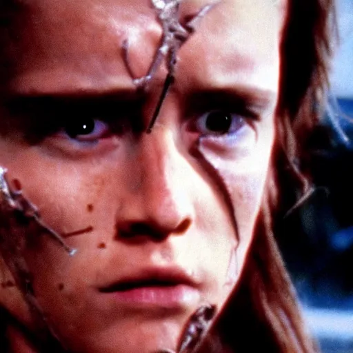 Image similar to long haired cyborg with damaged face. Cinematic lighting. Still from Terminator 2 ending scene