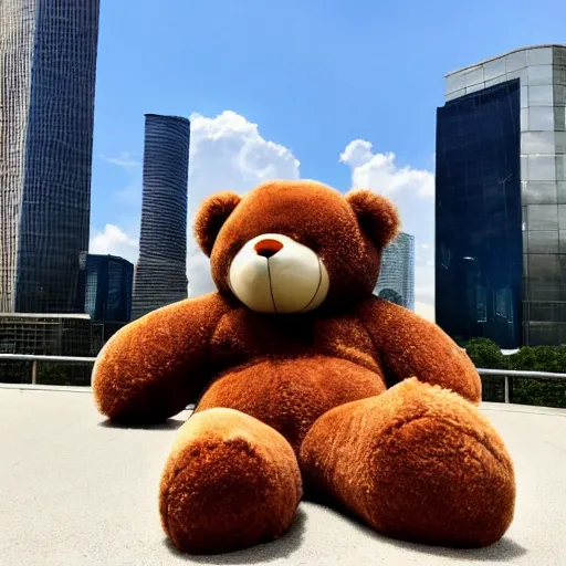 Prompt: a picture of the worlds largest teddy bear sitting next to a sky scraper