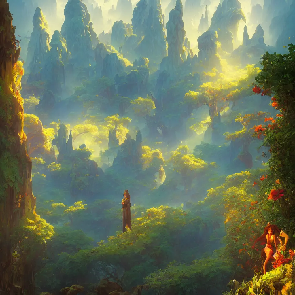 Image similar to enchanted temple landscape in the style of riven and myst by rhads and marc simonetti and alphonse mucha. vivid color, highly detailed, mystical, digital painting, artstation, concept art, matte, sharp focus.