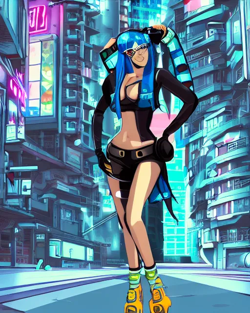 Image similar to cel shaded art of a pretty blue haired girl, jet grind radio graphics, cyberpunk city street background