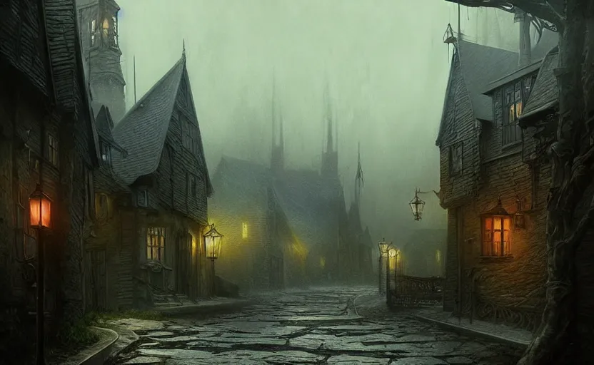 Image similar to extreme long shot concept art depicted an old english mystic town | art by thornton oakley and darek zabrocki and harvey dunn | dramatic mood, overcast mood, dark fantasy environment | fantasypunk, trending on artstation, unreal engine, hyperreal movie shot