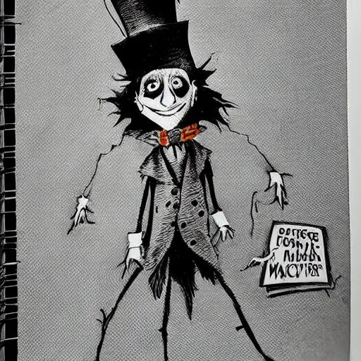 Image similar to a Pop Wonder scary horror themed goofy-hilarious-character Babadook-scarecrow-madhatter-williewonka-wearing a scarf, 3-piece-suit, dime-store-comic drawn with charcoal and pen and ink, half-tone-line-stacking