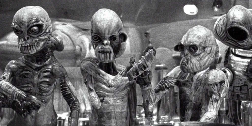 Image similar to still of two aliens having a drink in Mos Eisley Cantina in Star Wars (1977).