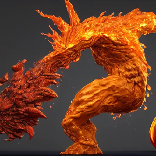 Image similar to A creature made of water and fire, dynamics and flows, meets a creature made of earth and air, in a clash of elements, 8k render, maya and zbrush, by Andrei Riabovitchev