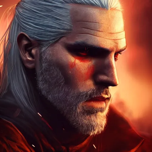 Prompt: geralt of rivia with long beard and intense eyes, scarred, close up, rim lighting, back lighting, bokeh, fire particles in background, portrait, sinister atmospheric lighting. highly detailed painting by greg rutkowski, anime style