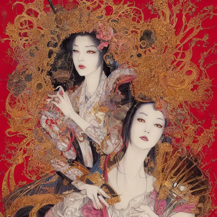 Prompt: watercolor painting of avant - garde, beauty portrait of an asian samurai fox queen in a victorian red dress painted by yoshitaka amano, daniel merriam, ayami kojima, intricate detail, artstation, artgerm, in the style of dark - fantasy, rococo, gold leaf art, victo ngai