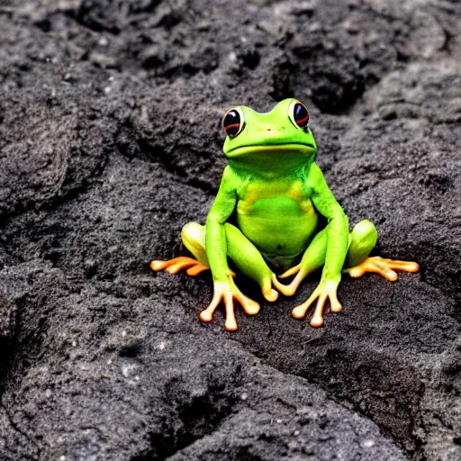 Image similar to frog screaming at an ocean of lava split in two