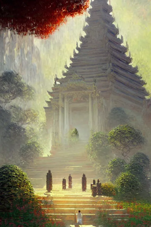 Image similar to temple, buddhism, impressionnisme, painting by greg rutkowski, artgerm, claude monet