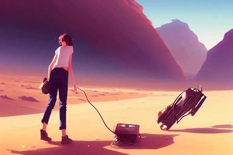 Image similar to computer programmer lost in the desert, dragging a broken computer, single subject, mountaineous background, scenic full shot, ambient lighting, detailed face, by makoto shinkai, stanley artgerm lau, wlop, rossdraws