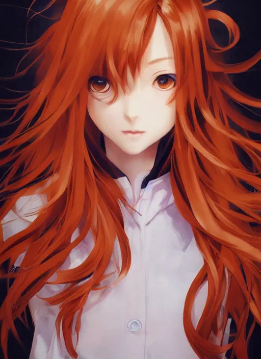 Image similar to portrait painting by shigenori soejima, beautiful girl, fox ears, focus on face, pretty, cinematic lighting, painterly, long wavy orange hair, light brown trenchcoat