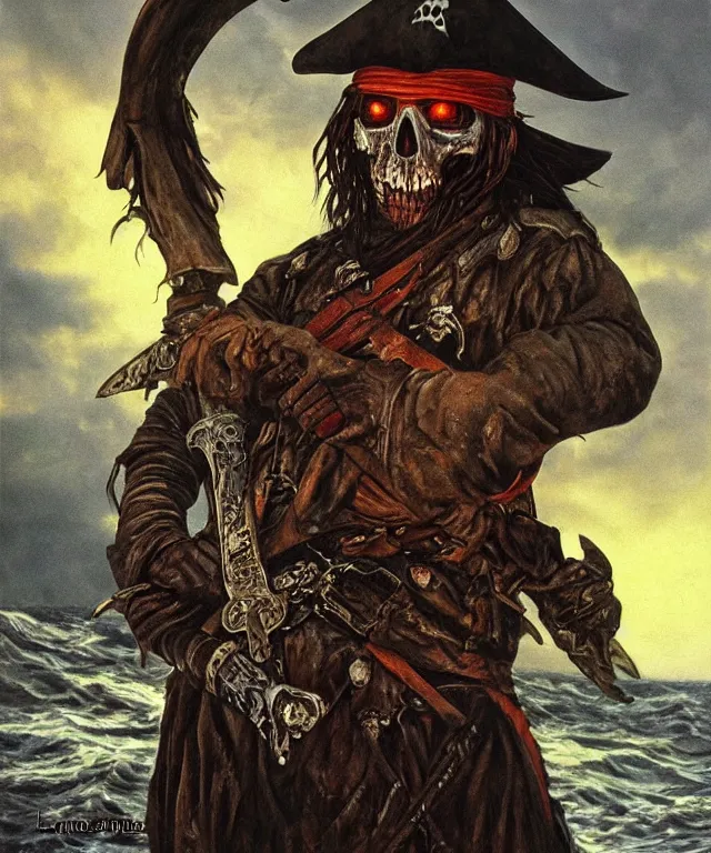 Image similar to ultra realistic color portrait painting of an undead 1 7 th century pirate with a sword in a grotto, dark, painted, brooding, atmospheric, seascape, horror, smooth, epic, highly detailed, cinematic, by larry elmore