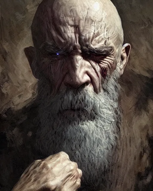 Image similar to old man with a big scar on his blind left eye, elegant, hard edges, wrath, muscles, ethereal, horror, fantasy art by greg rutkowski and magali villeneuve and claude monet