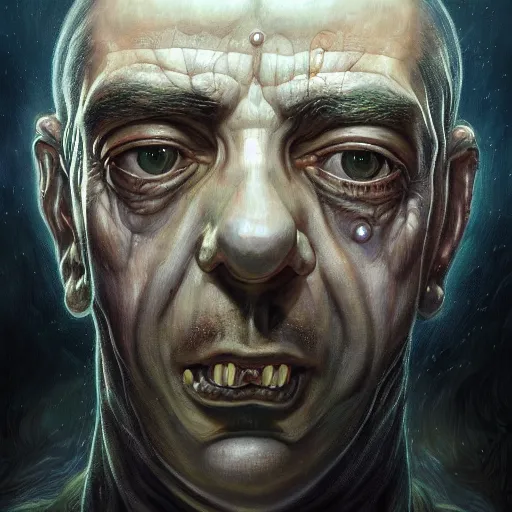 Image similar to lovecraft biopunk portrait of rowan sebastian atkinson by tomasz alen kopera and peter mohrbacher