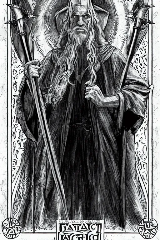 Image similar to tarot illustration of gandalf as the magician by artstation