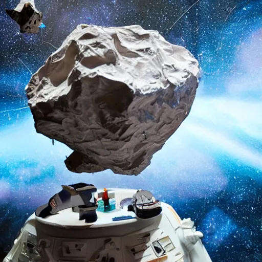 Prompt: a space admiral steering an asteroid, space backdrop, everything made of papier - mache canon 5 d 5 0 mm lens, diorama,