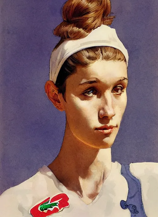 Image similar to a copic maker art nouveau portrait of a russian beautiful skinny girl with sad face wearing a tennis player outfit from lacoste by john berkey norman rockwell