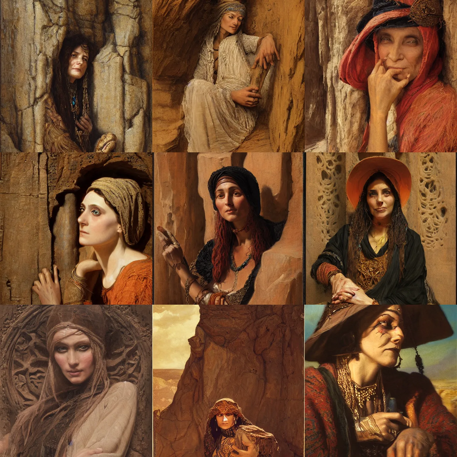 Prompt: orientalism portrait of a witch sitting in a sandstone ruin face detail by edwin longsden long and theodore ralli and nasreddine dinet and adam styka, masterful intricate artwork, excellent lighting, high detail 8 k