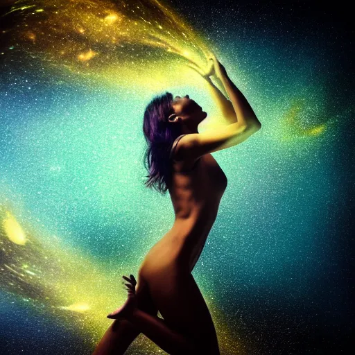 Image similar to a women with half of it's body turning into a cosmic dust, space, award winning photography, hdr, studio lighting medium close shot,