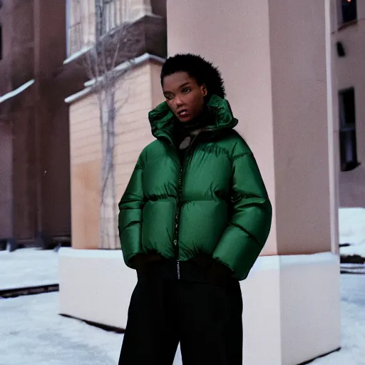 Image similar to realistic! photoshoot for a new balenciaga lookbook, color film photography, portrait of a beautiful woman wearing a puffer jacket, photo in style of tyler mitchell, 35mm