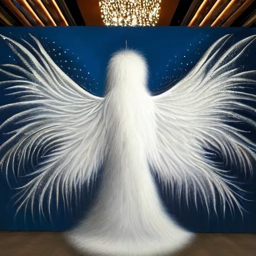 Image similar to highdetailed hyperrealistic painting of white wingsl!!!, white sparkles, 4 k hd fur, big wings, by jan van eyck, pattern, holography space, glow effect, large strokes, white monochrome color!!!!!