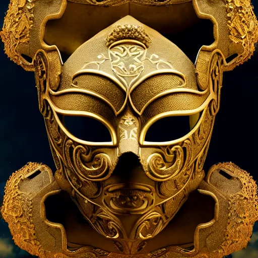 Image similar to an elaborate intricate mask surrounded by storm clouds, rendered in octane, behance hd, bokeh backdrop