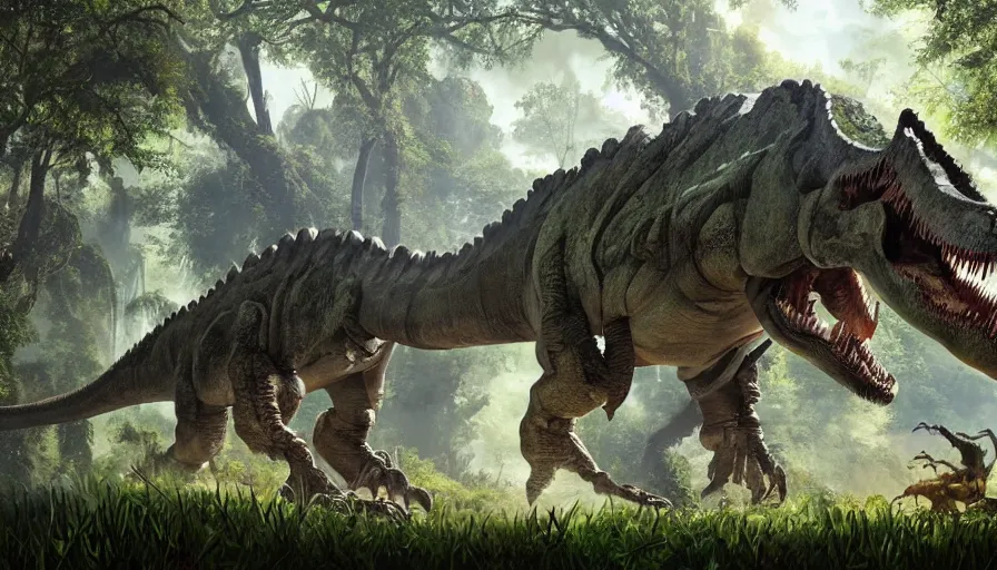 Prompt: A machinated dinosaur hybrid of a BEHEMOTH strolling along a lush green forest from the playstation 5 game Horizon:Zero Dawn world, the T-Rex is part machine part dinosaur, sci-fi concept art, highly detailed, oil on canvas by James Gurney