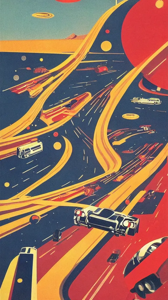 Image similar to a series of highways in outer space with cars on them, 1950s art deco poster, retrofuturism, edward hopper